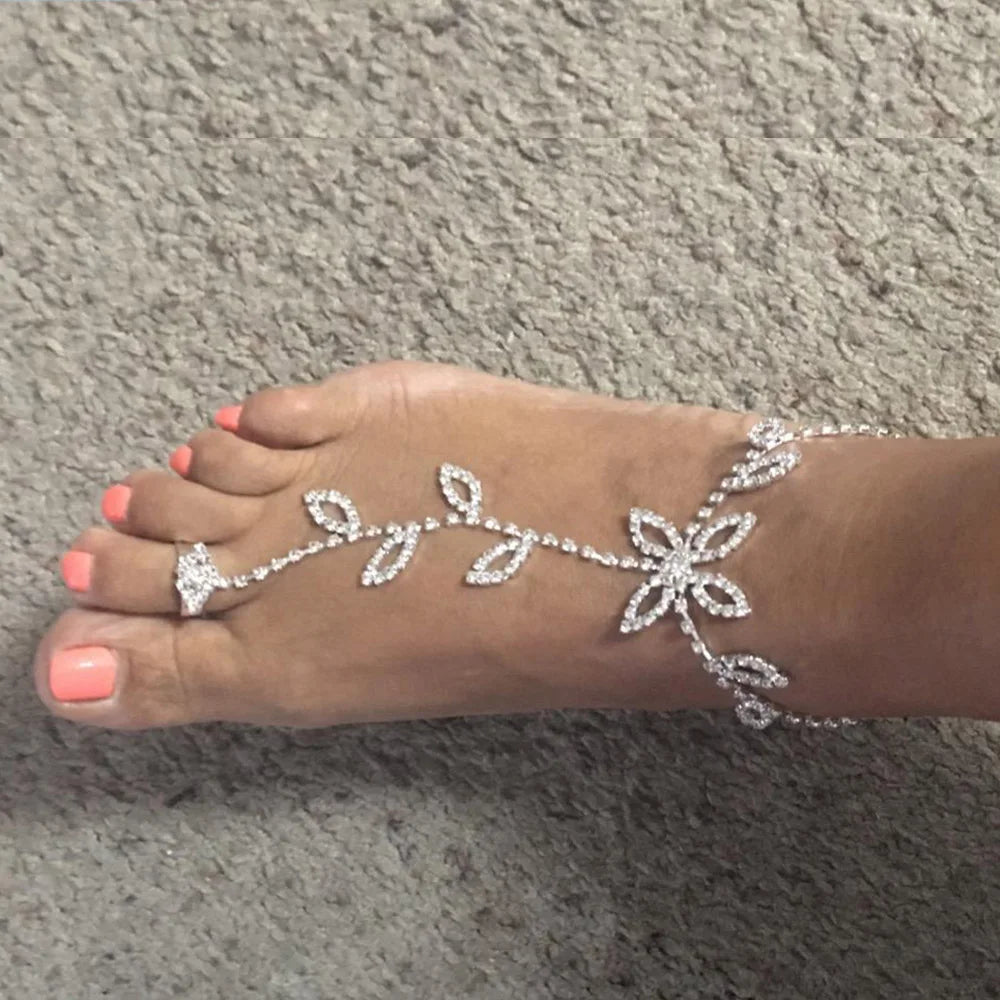 Rhinestone Leaf Finger Anklet for Women Luxury Silver