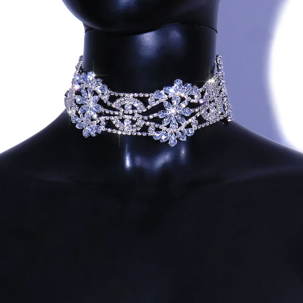 Hollow Flower Crystal Rhinestone Choker Necklace