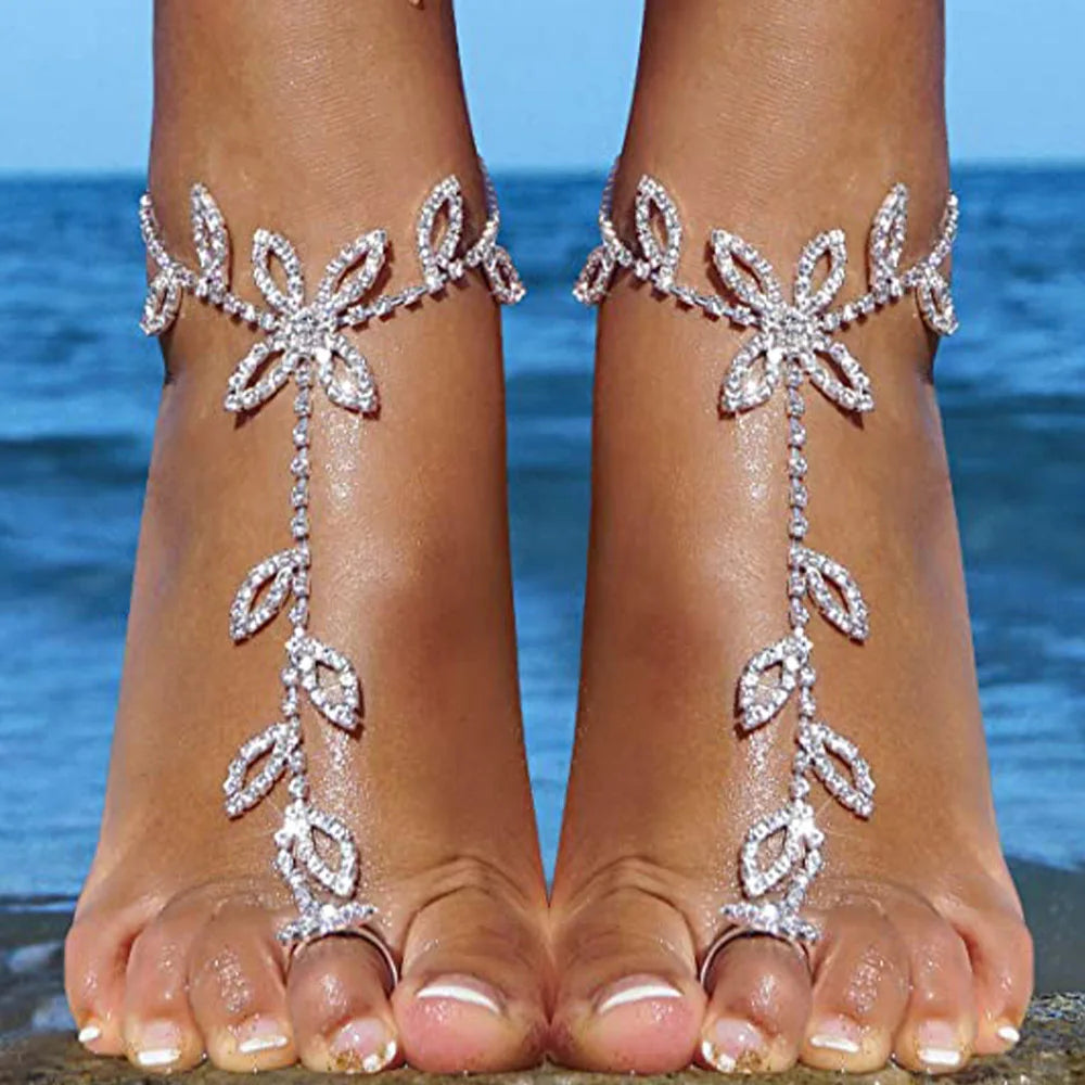 Rhinestone Leaf Finger Anklet for Women Luxury Silver