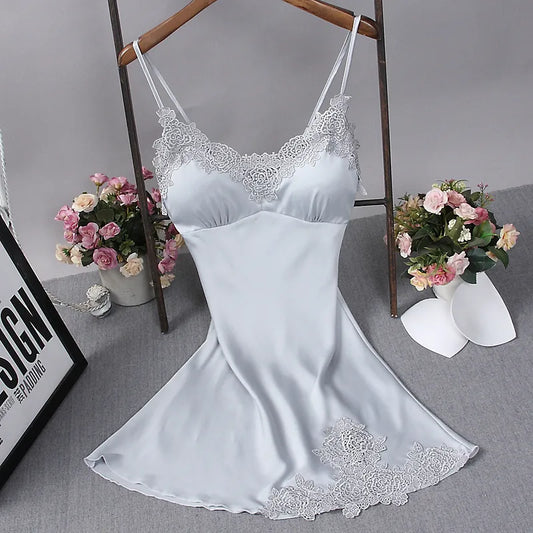 Sexy Exquisite Silky Satin Lace Strap Night Gown