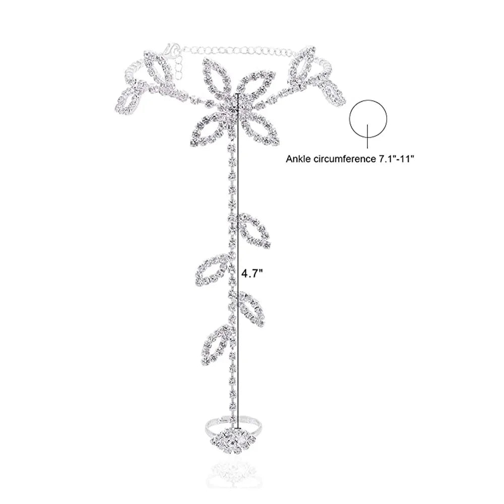 Rhinestone Leaf Finger Anklet for Women Luxury Silver