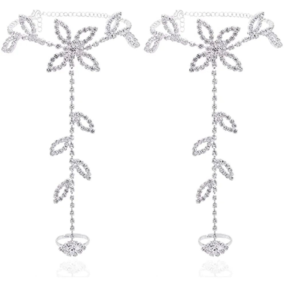 Rhinestone Leaf Finger Anklet for Women Luxury Silver