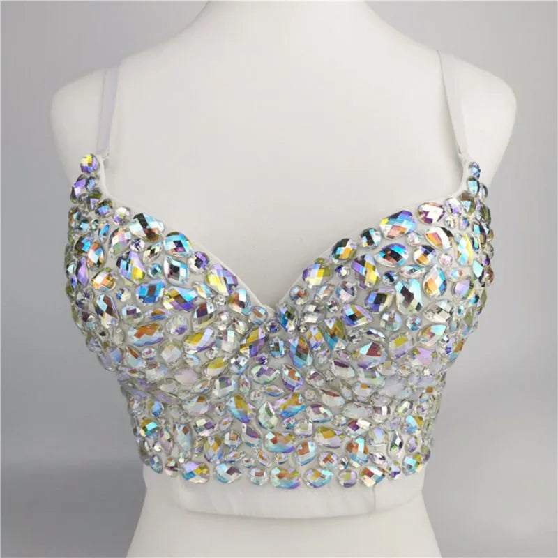 Sexy Crop-Top Spaghetti Strap Push-Up Colored Rhinestone Bustier