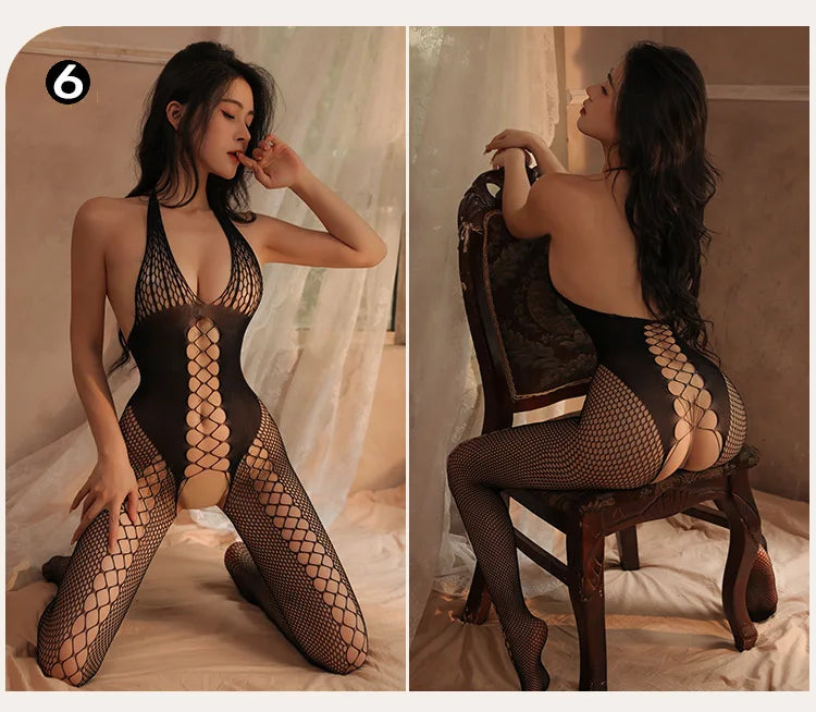 Sexy Fishnet Mesh Bodysuit Female Stretch Open Crotch Bodystocking Lingerie