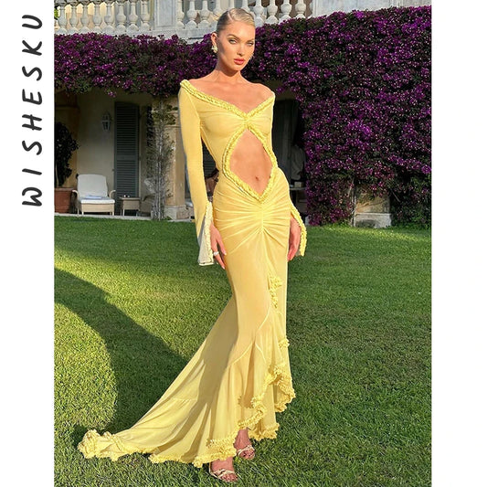 Sexy Exotic See-Through Long Sleeve V-Neck Cutout Long Gown.