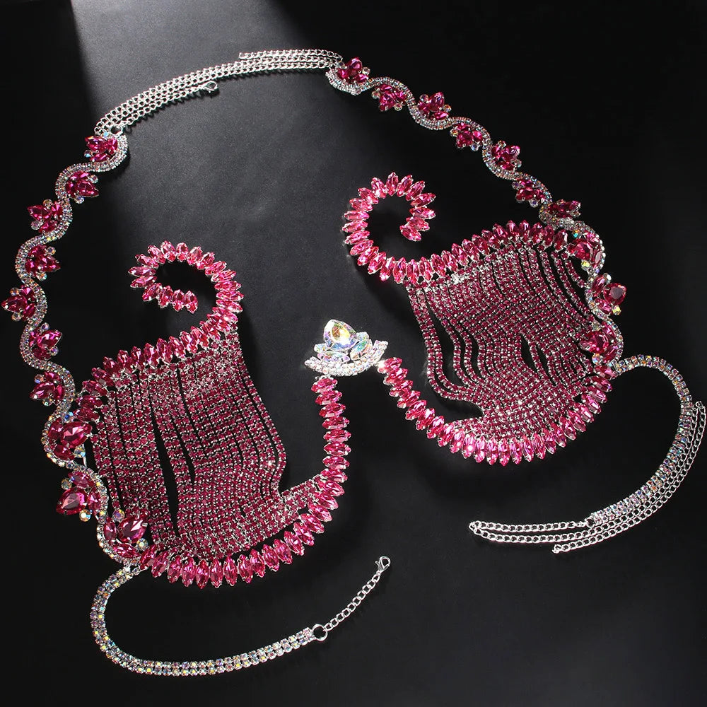 Rhinestone Jewel Encrusted Chest Chain Bra Lingerie