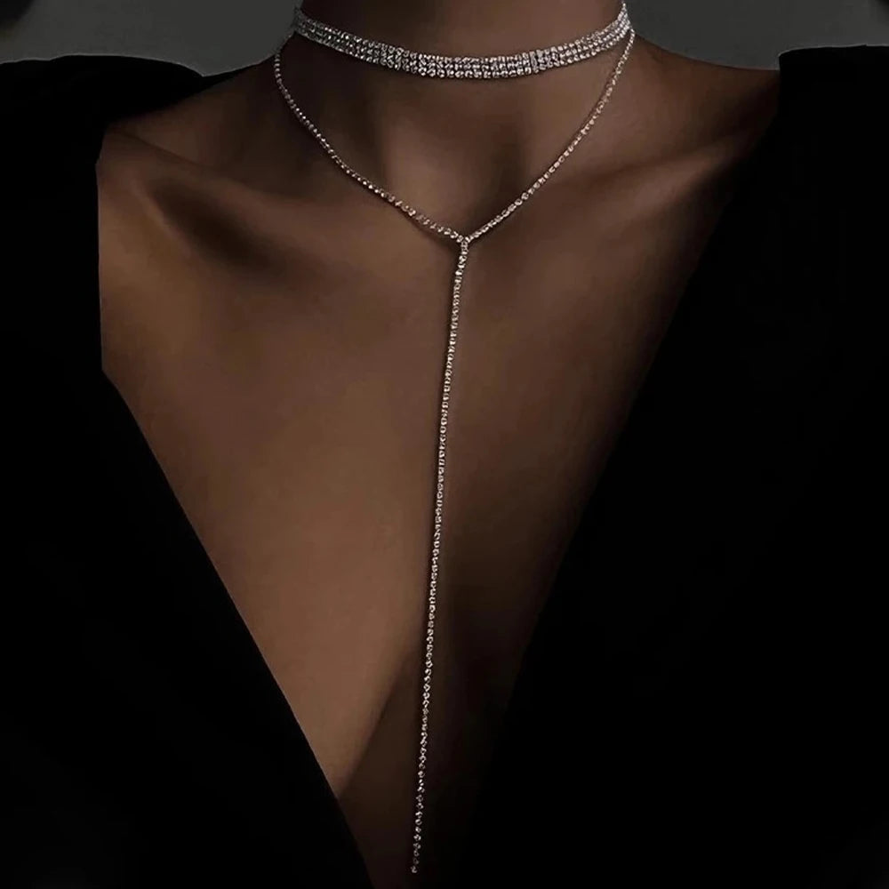 Rhinestone Long Tassel Choker Crystal Necklace Fashion