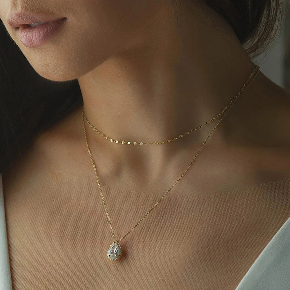 Zircon Water Drop Crystal Pendant Necklace Backless Dress