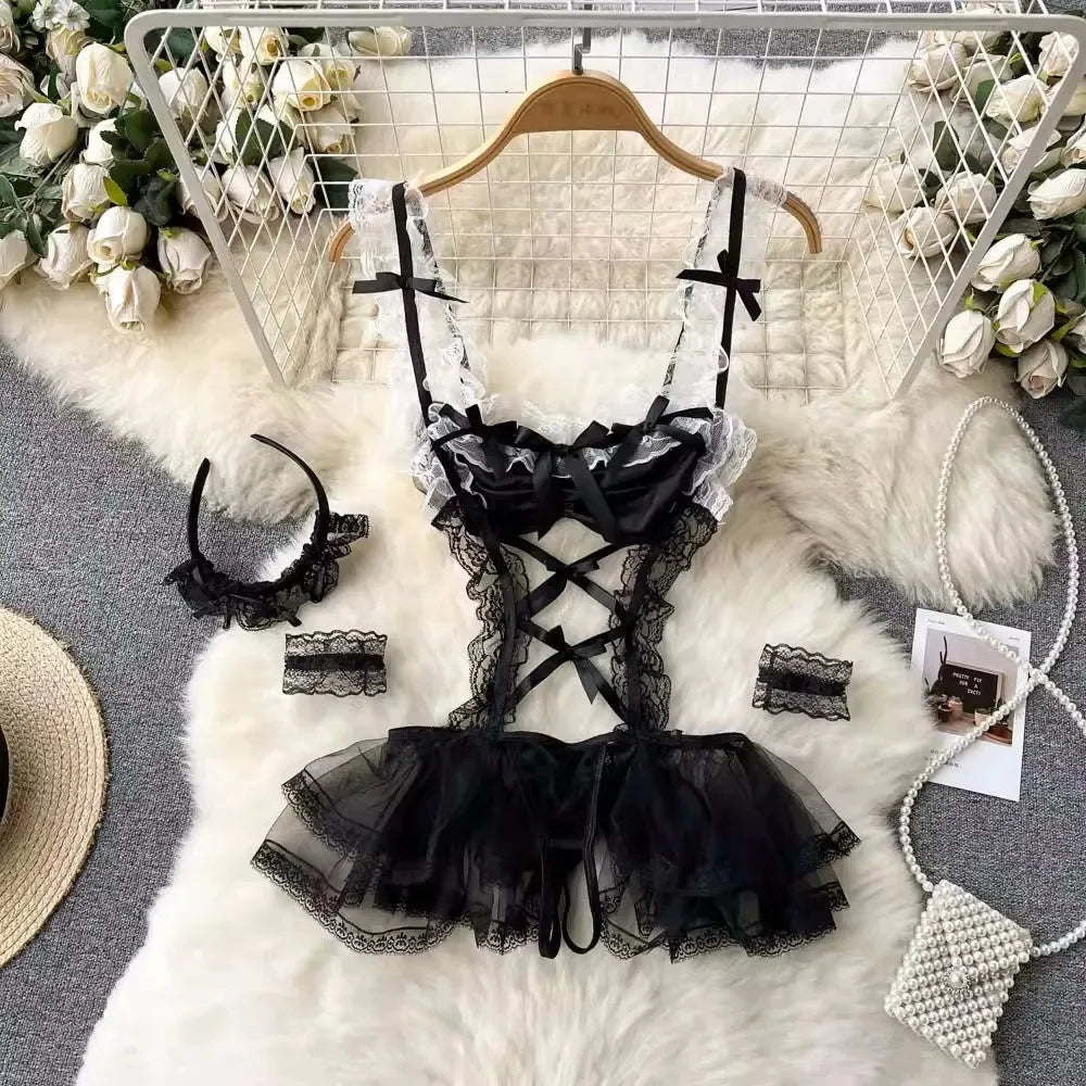 Fetish Erotic Cosplay Maid Jumpsuit with  Headwear