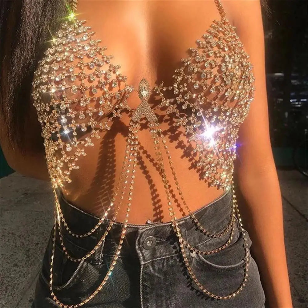 Luxurious Crystal Hollow Tassel Chest Chain Bra