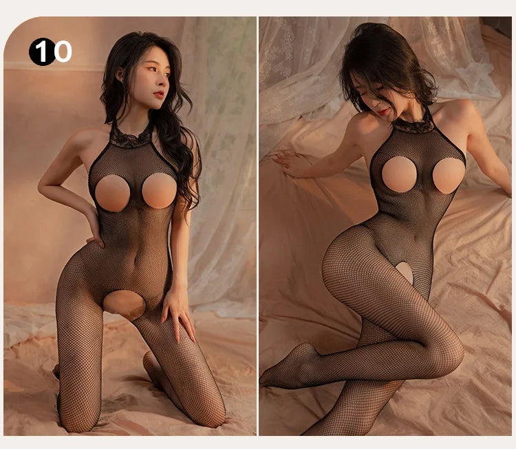 Sexy Fishnet Mesh Bodysuit Female Stretch Open Crotch Bodystocking Lingerie