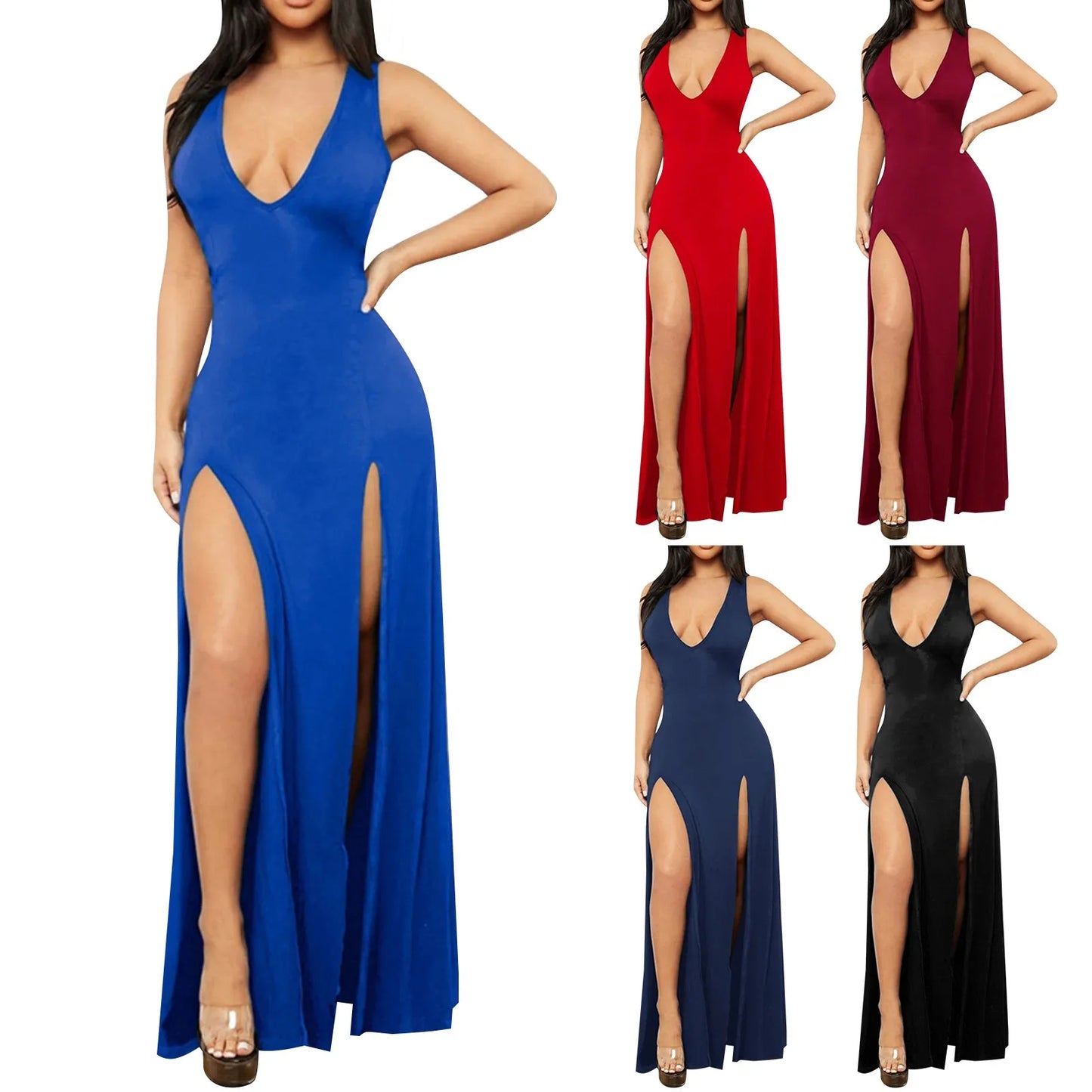 Sexual Elegant High Slit Deep V-Neck Evening Dress