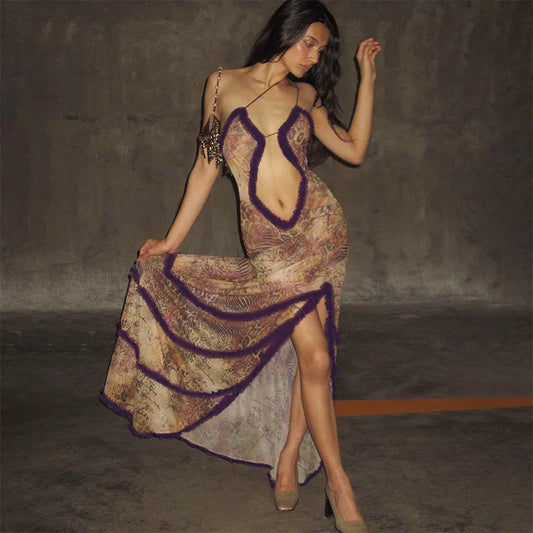 Exotic Sexual Hollowed-Out Sleeveless Pleated Slit Floor-Length Dress.