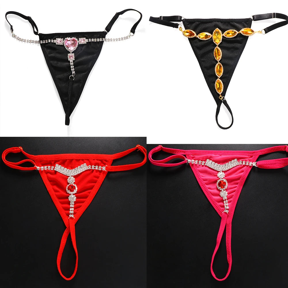 Rhinestone Chain Decor T-Back Thong Exotic Panties