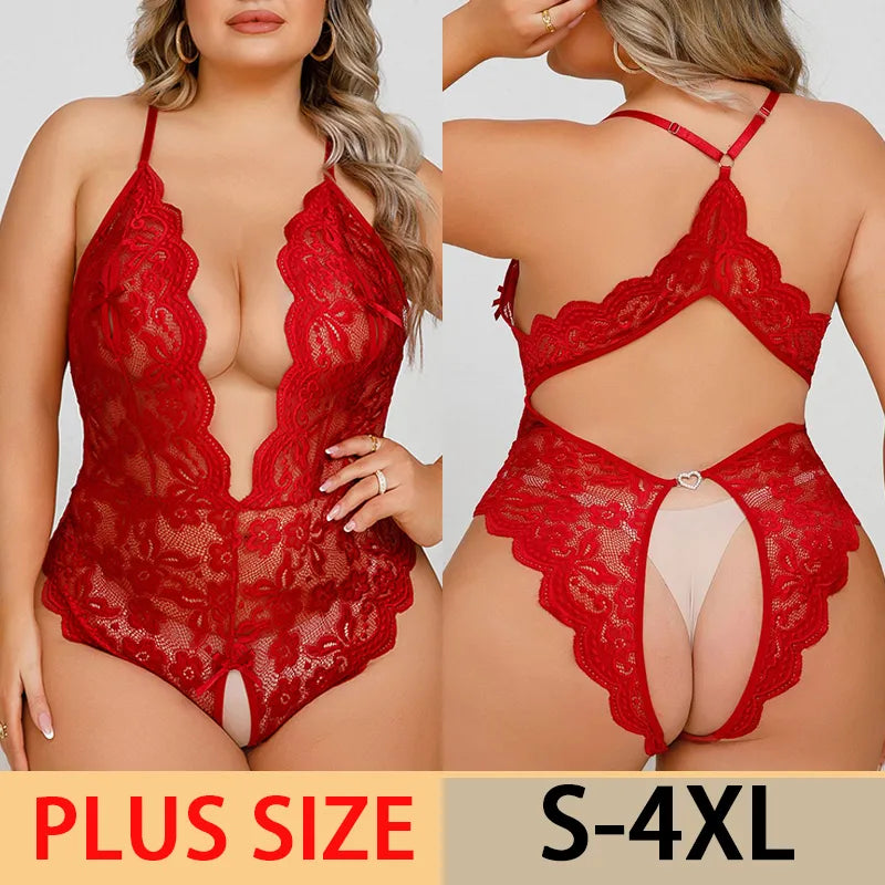 Erotic Plus Size Sexy Open Crotch  Deep V Open Lace Bra Lingerie