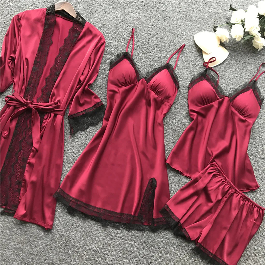 Sexual Luxurious 4PCS Lace Silk Pajama Sets