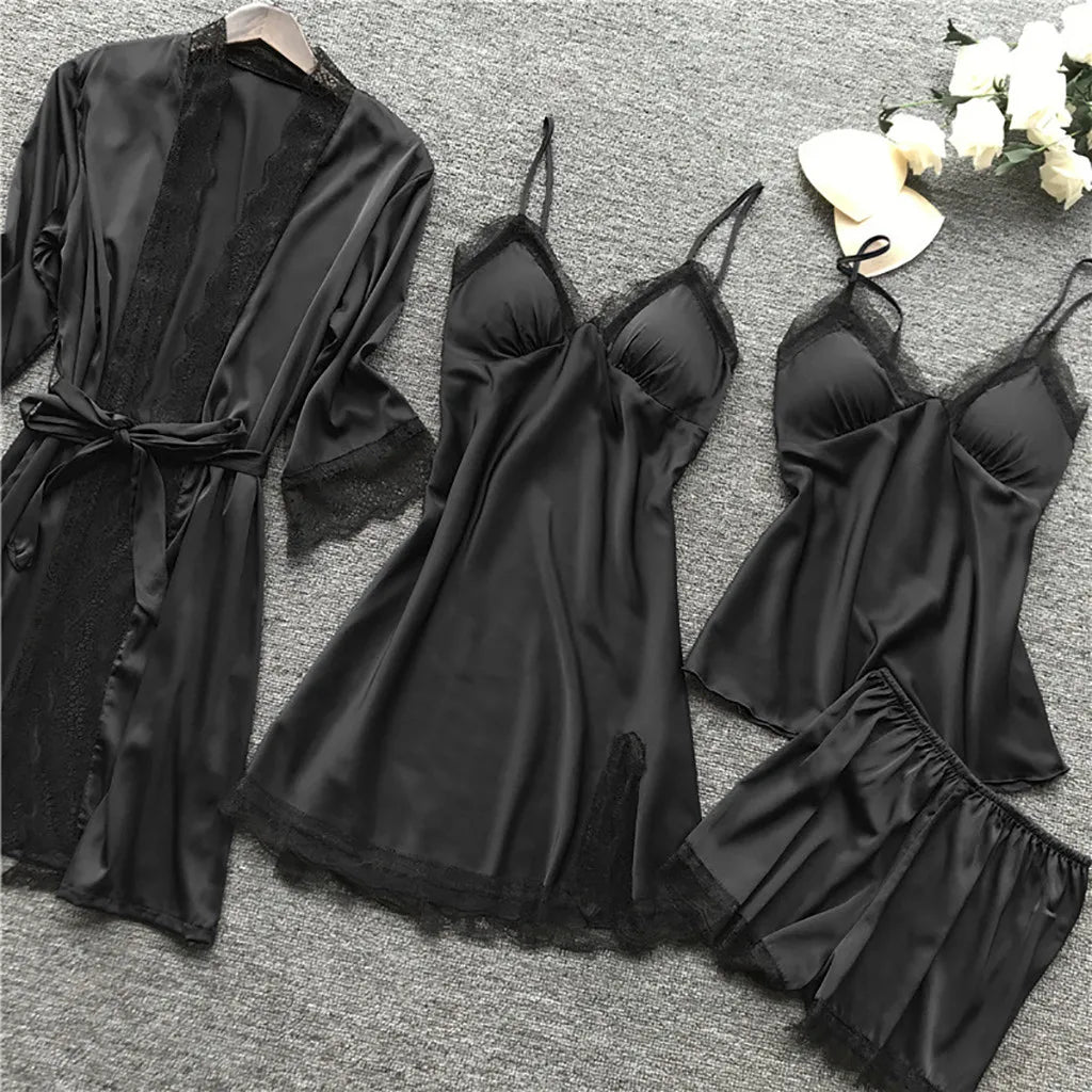 Sexual Luxurious 4PCS Lace Silk Pajama Sets