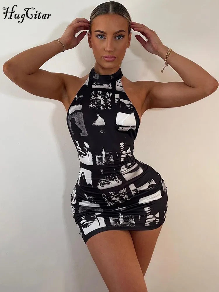 Vintage Print Halter Sleeveless Backless Sexy Slim Mini Dress