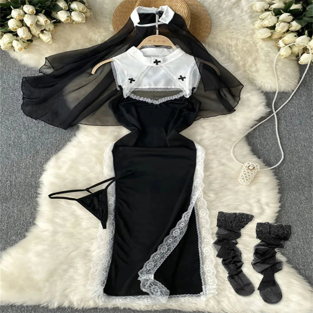 Fetish Erotic Cosplay Maid Jumpsuit with  Headwear