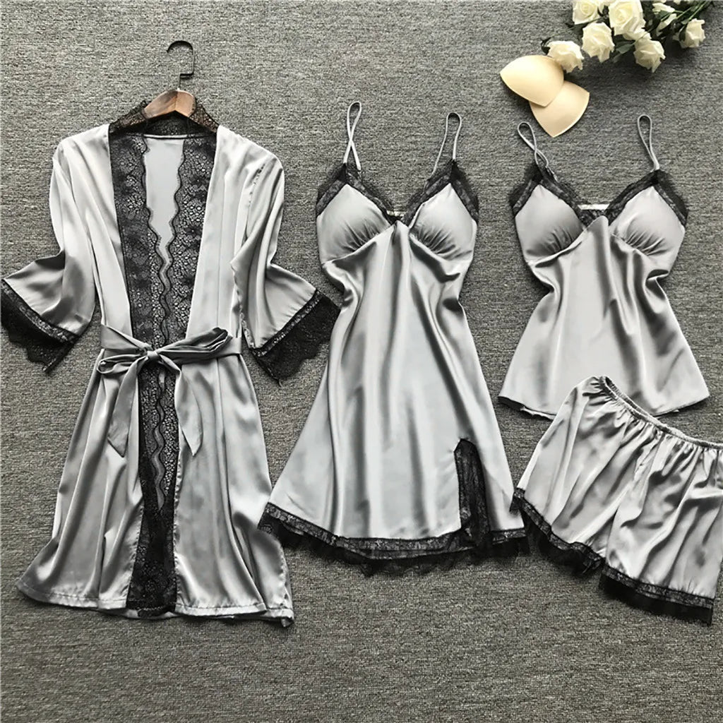 Sexual Luxurious 4PCS Lace Silk Pajama Sets