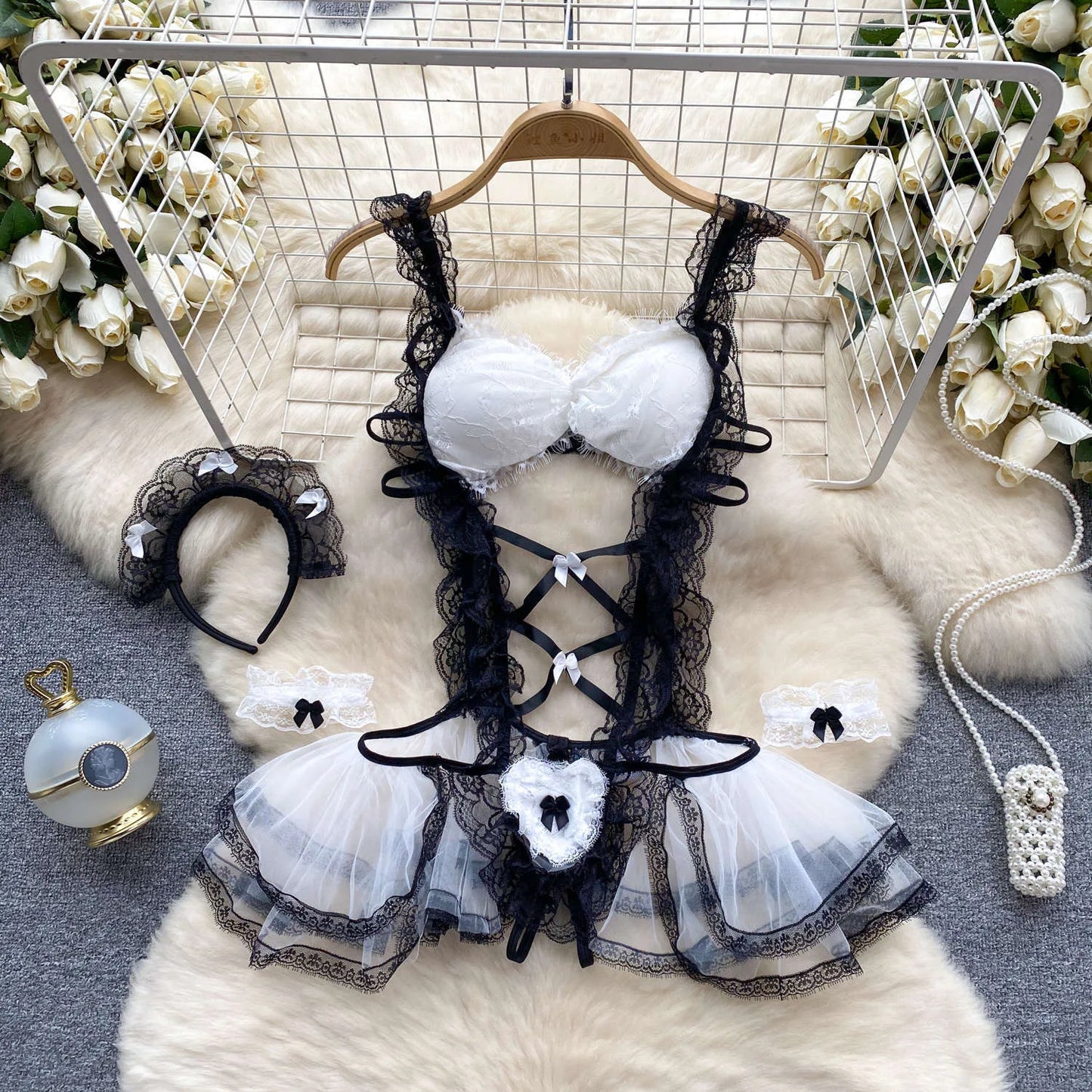 Fetish Erotic Cosplay Maid Jumpsuit with  Headwear