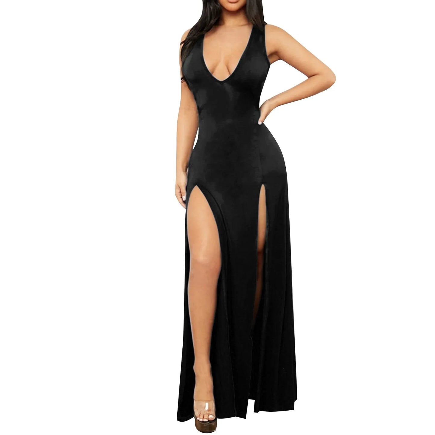 Sexual Elegant High Slit Deep V-Neck Evening Dress