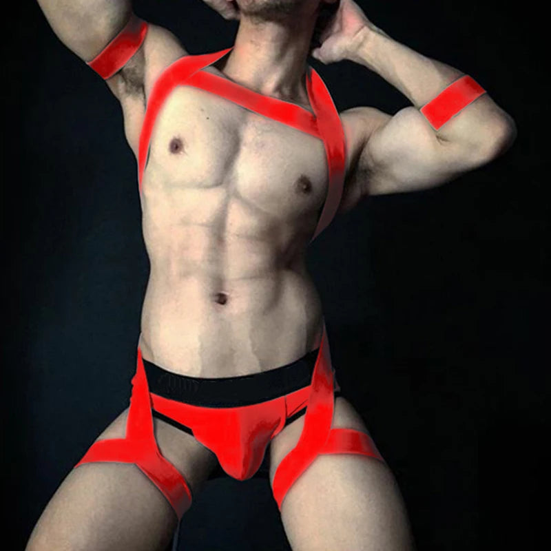 Sexy Men's One-Piece Harness, Straps, Halter, Leg Belt, Wrist Band