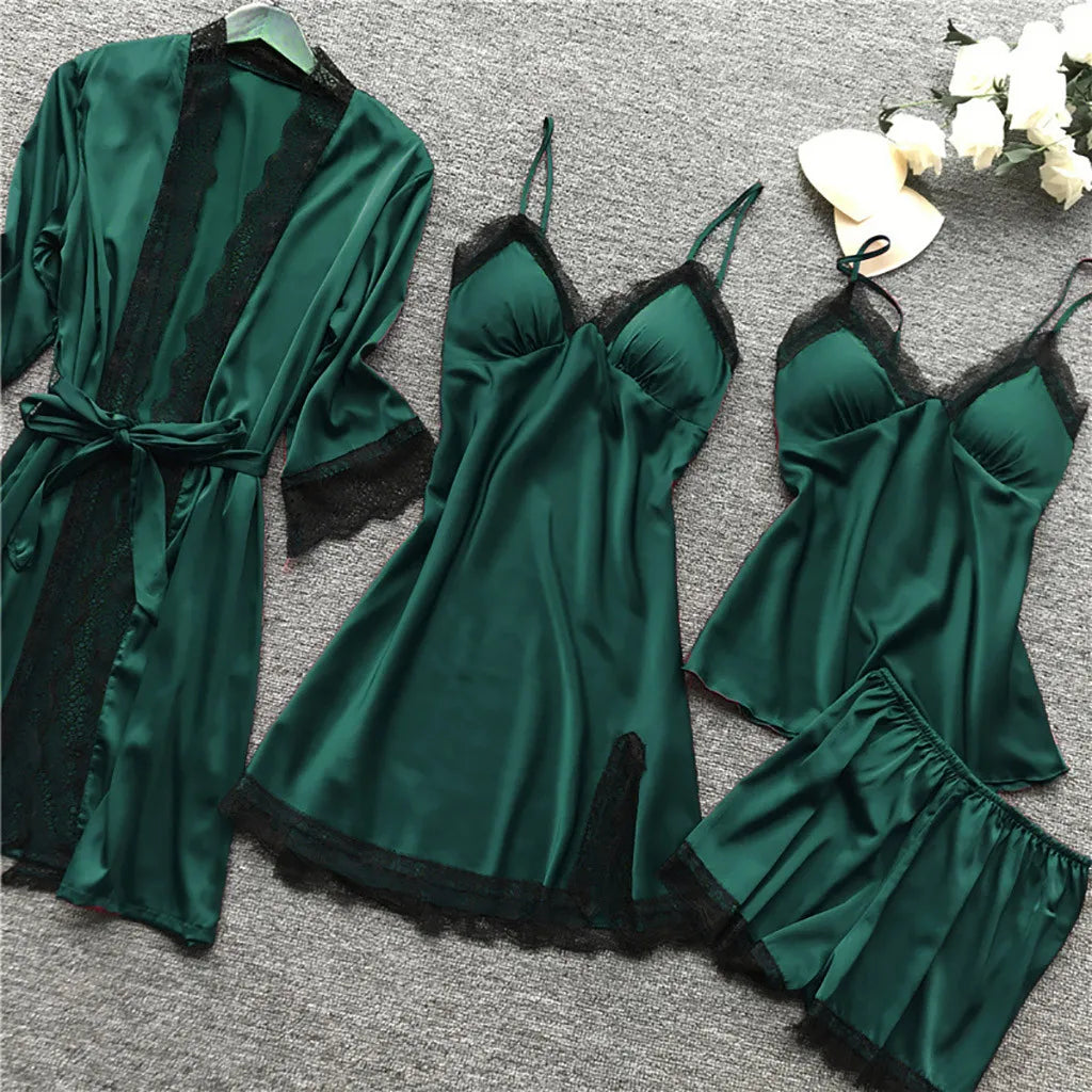 Sexual Luxurious 4PCS Lace Silk Pajama Sets