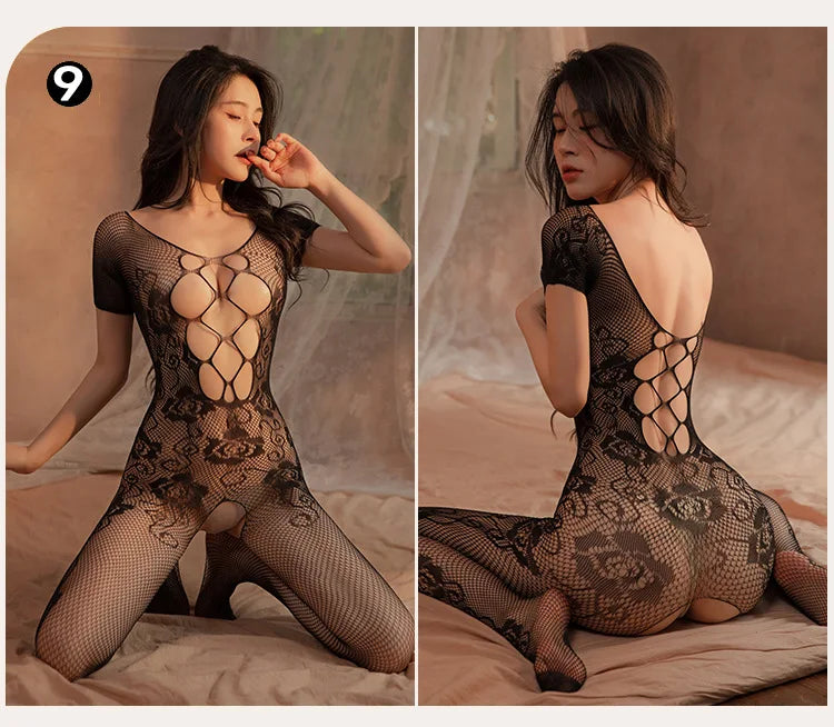 Sexy Fishnet Mesh Bodysuit Female Stretch Open Crotch Bodystocking Lingerie