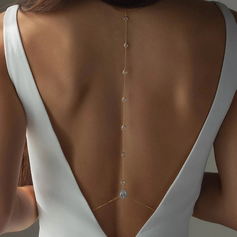 Zircon Water Drop Crystal Pendant Necklace Backless Dress