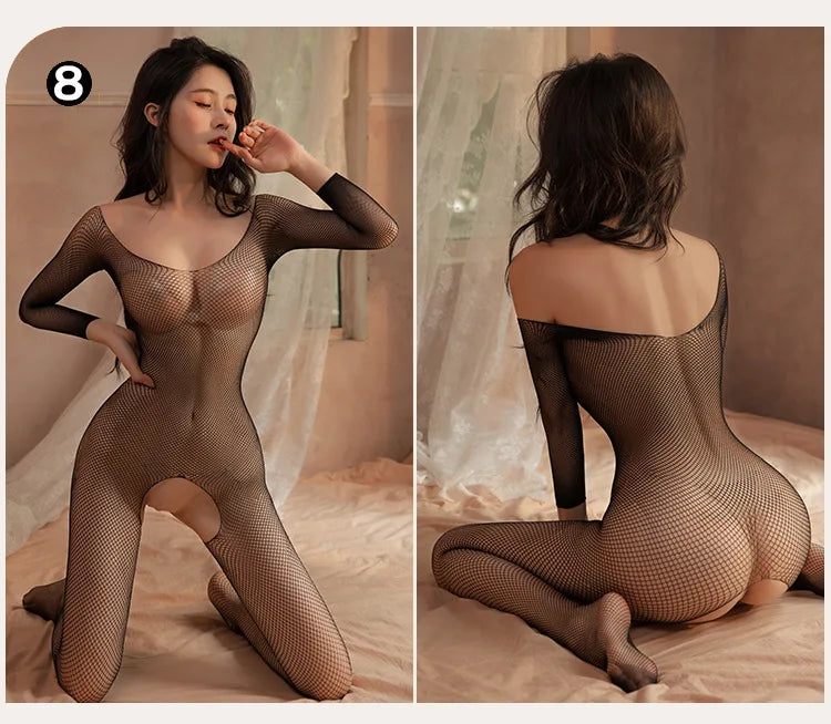 Sexy Fishnet Mesh Bodysuit Female Stretch Open Crotch Bodystocking Lingerie