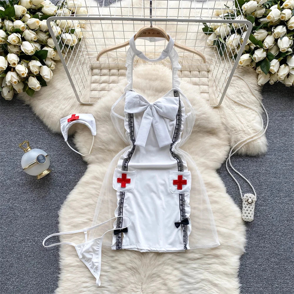 Fetish Erotic Cosplay Maid Jumpsuit with  Headwear