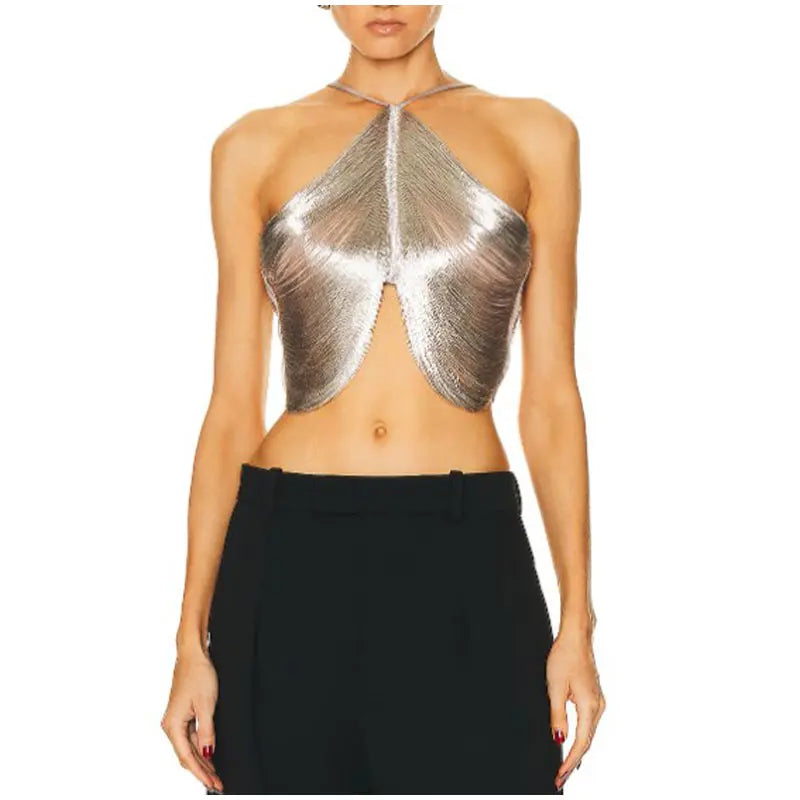 Chic Sexual Erotic Sliver/Gold Metallic Sleeveless Backless Cropped Tops.