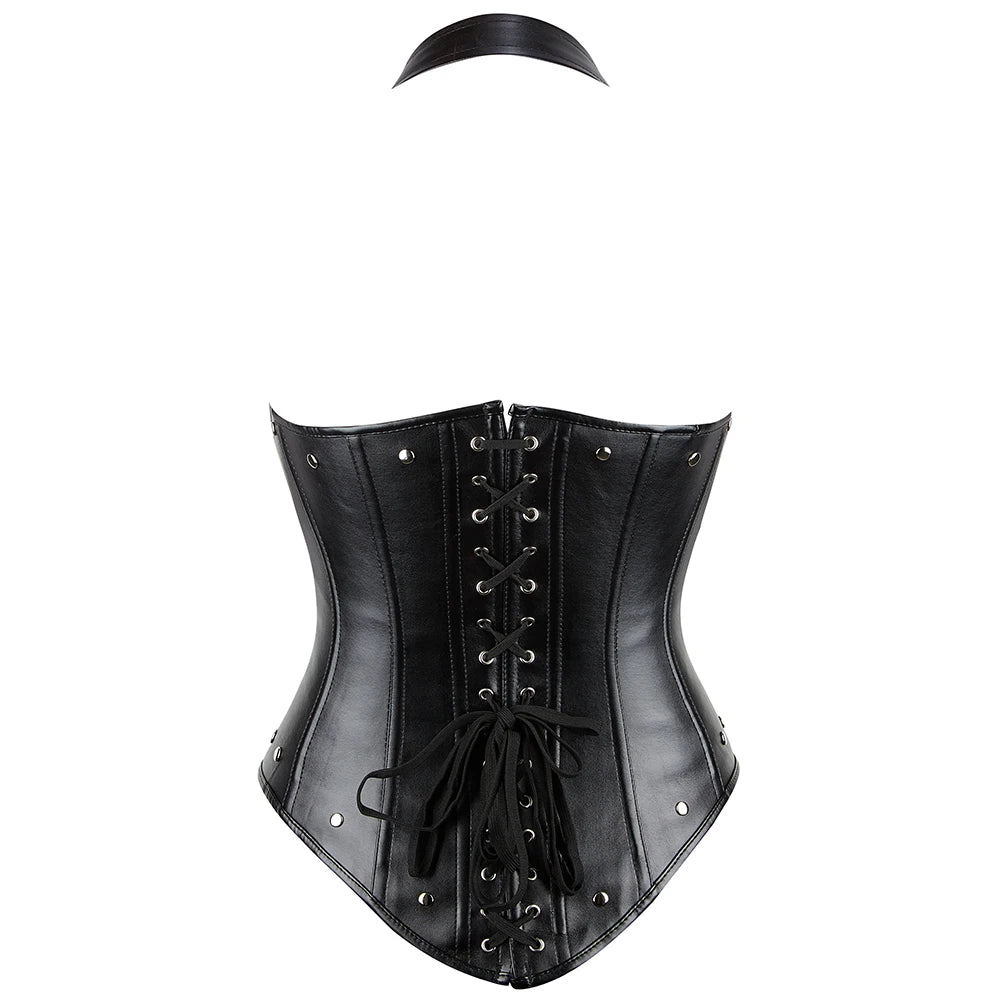 Steampunk Under-Bust Gothic Faux Leather Corselet Buckled Waist Halter-Top