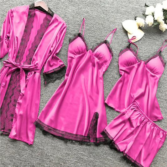 Sexual Luxurious 4PCS Lace Silk Pajama Sets