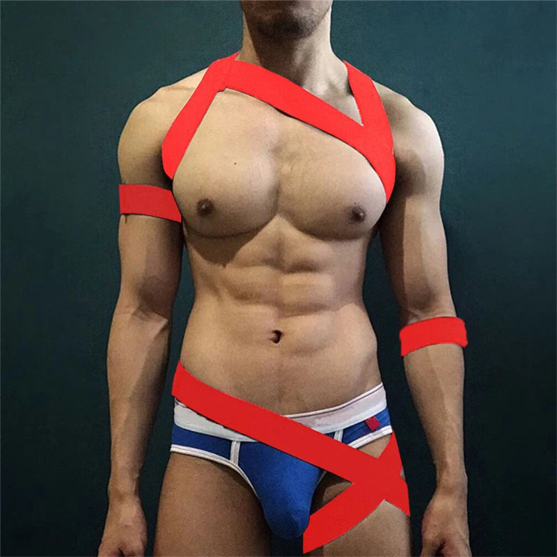 Sexy Men's One-Piece Harness, Straps, Halter, Leg Belt, Wrist Band