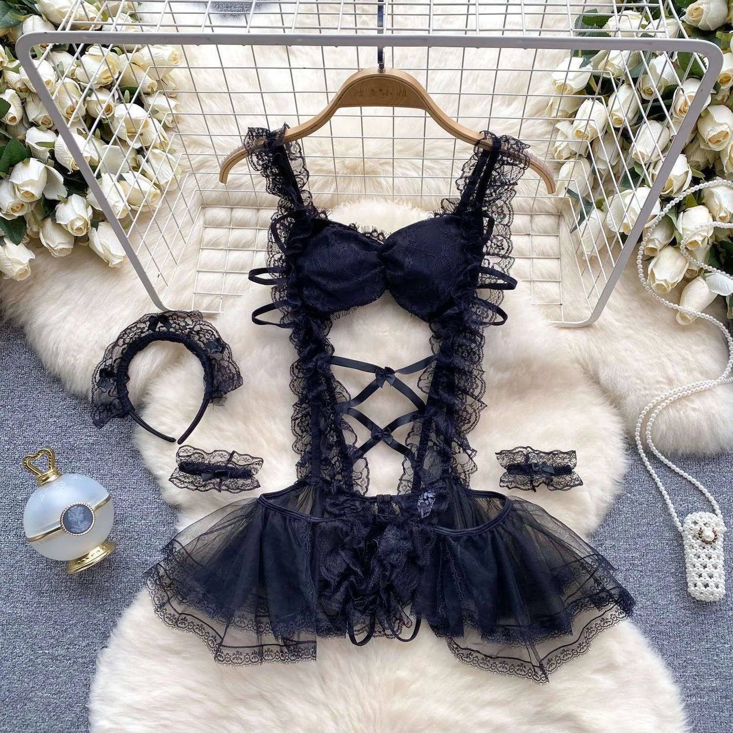 Fetish Erotic Cosplay Maid Jumpsuit with  Headwear