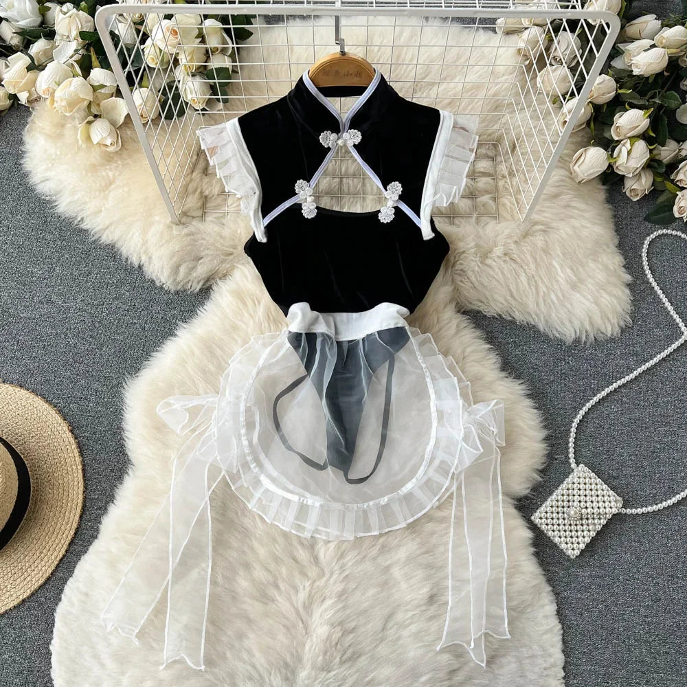 Fetish Erotic Cosplay Maid Jumpsuit with  Headwear