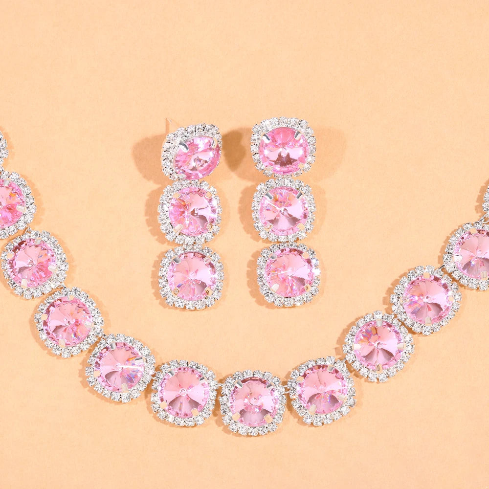 Pink Rhinestone Crystal Jewelry Set for Women