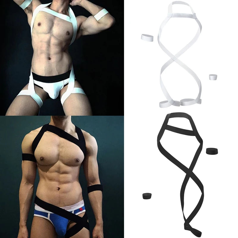 Sexy Men's One-Piece Harness, Straps, Halter, Leg Belt, Wrist Band