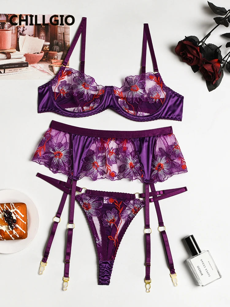 Exotic Intimate Lace 3-Piece Bra/Brief Suits Under Garments,