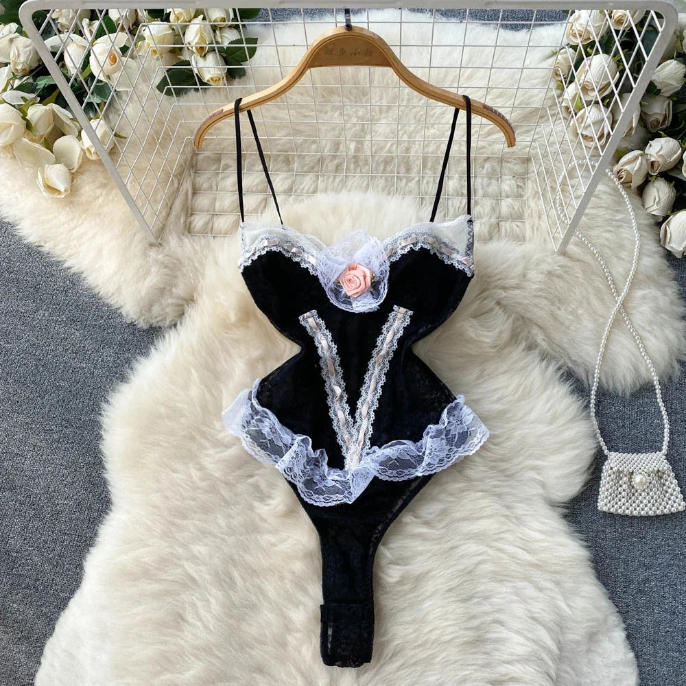 Fetish Erotic Cosplay Maid Jumpsuit with  Headwear