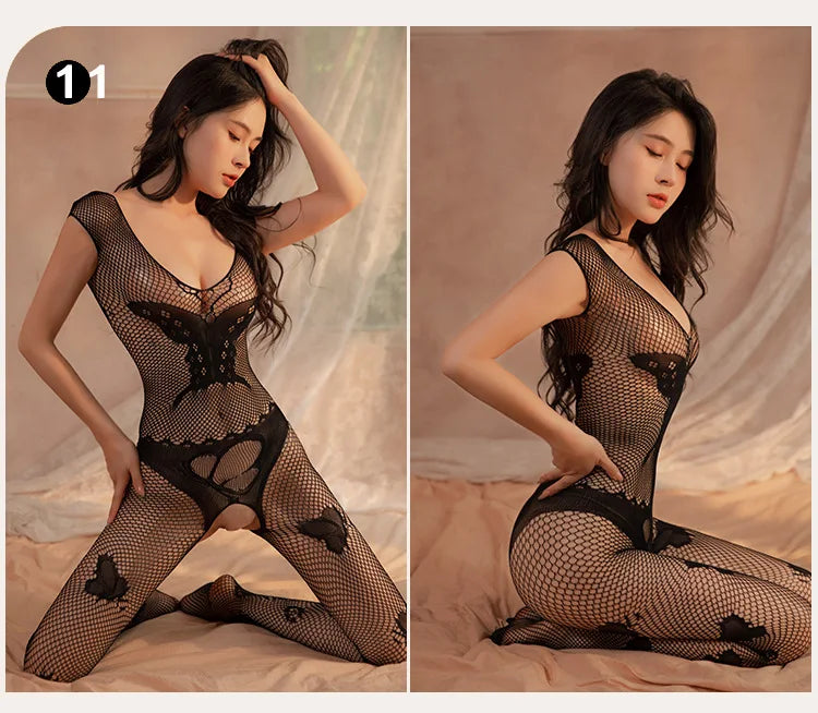 Sexy Fishnet Mesh Bodysuit Female Stretch Open Crotch Bodystocking Lingerie