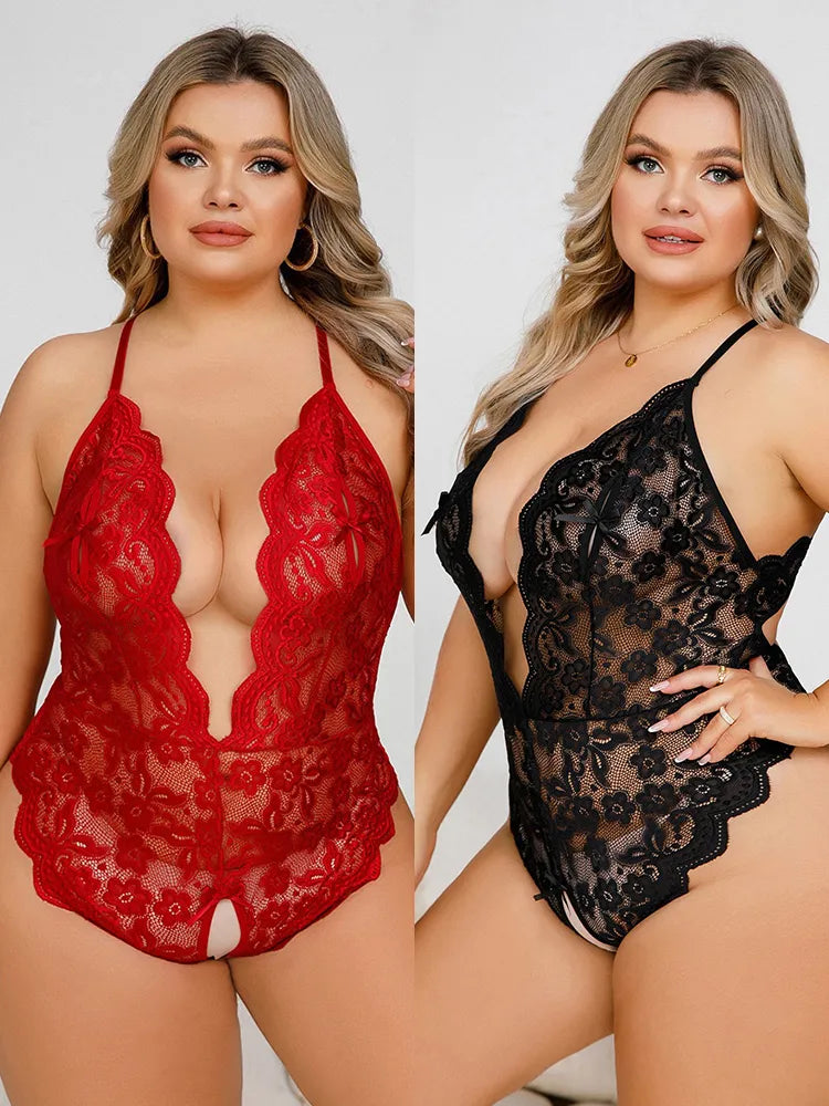 Plus Size  Sexy Erotic Open Crotch Lace Transparent Lingerie