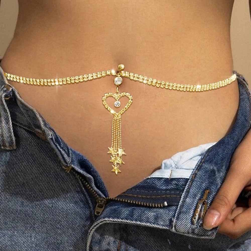 Heart Rhinestone Belly Button Ring/Waist Chain