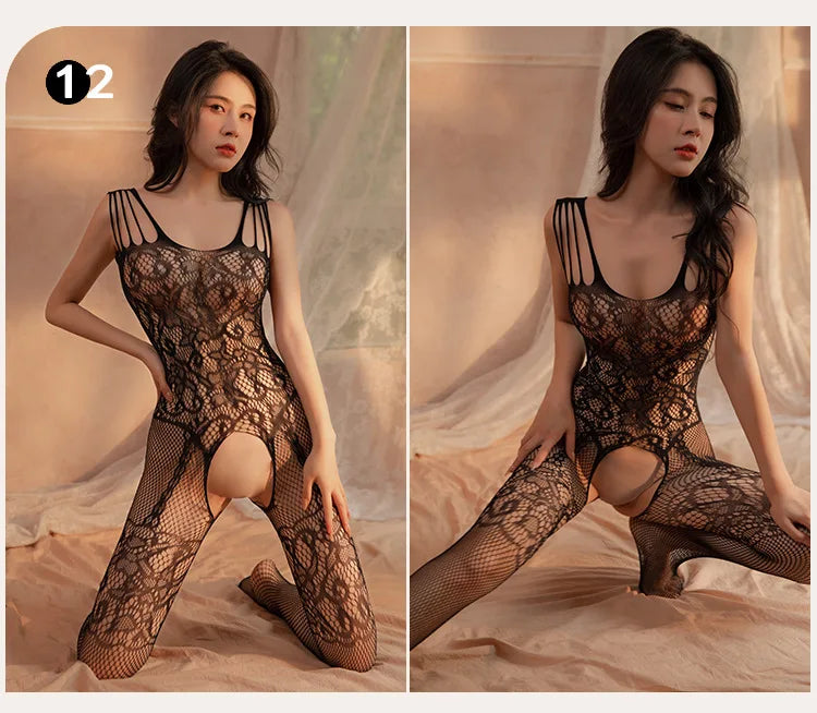 Sexy Fishnet Mesh Bodysuit Female Stretch Open Crotch Bodystocking Lingerie