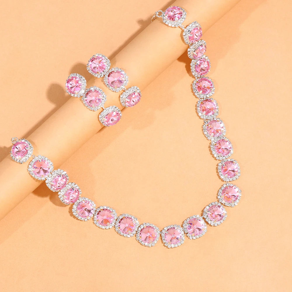 Pink Rhinestone Crystal Jewelry Set for Women